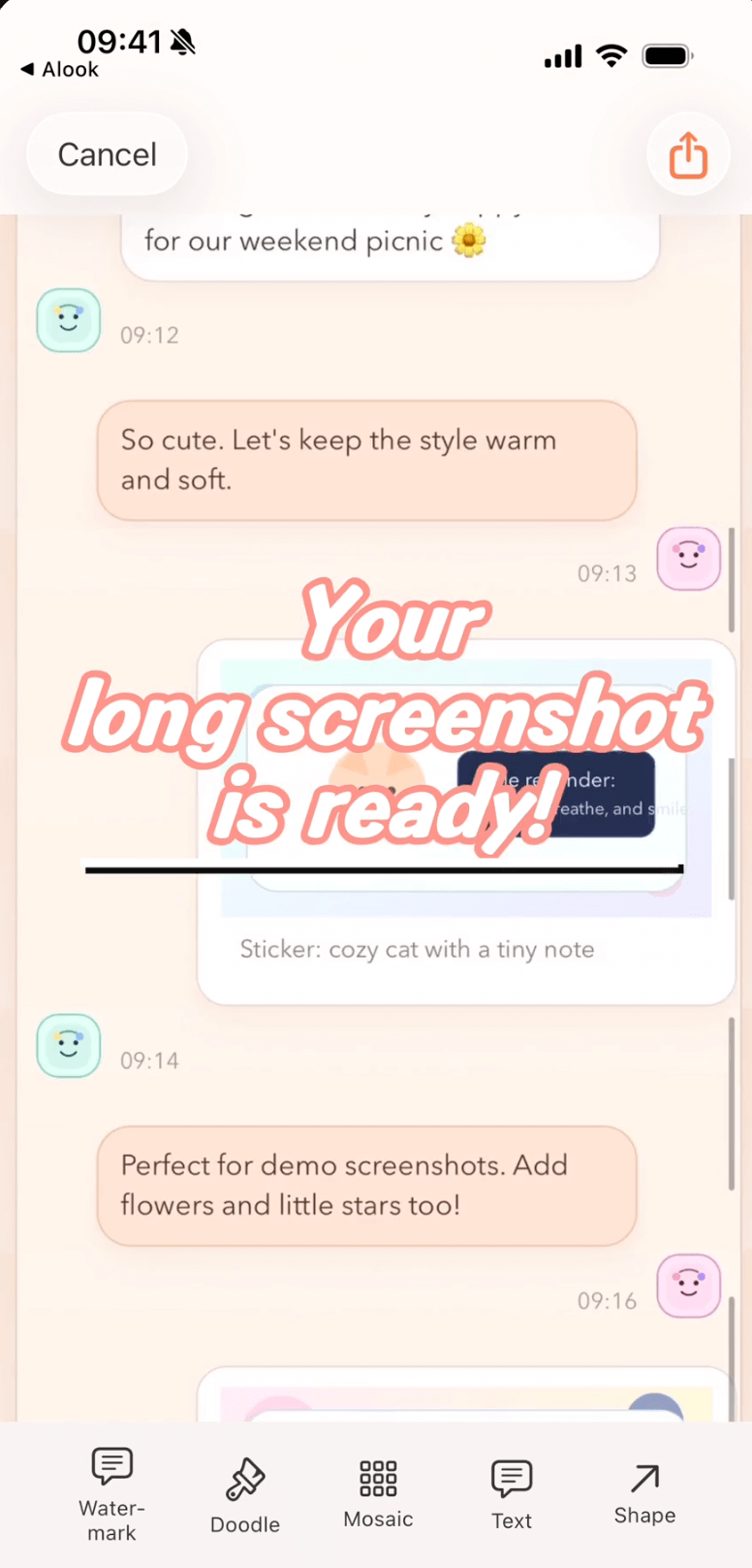 Scrollie iPhone interface showing a template collage next to a long screenshot in one draft